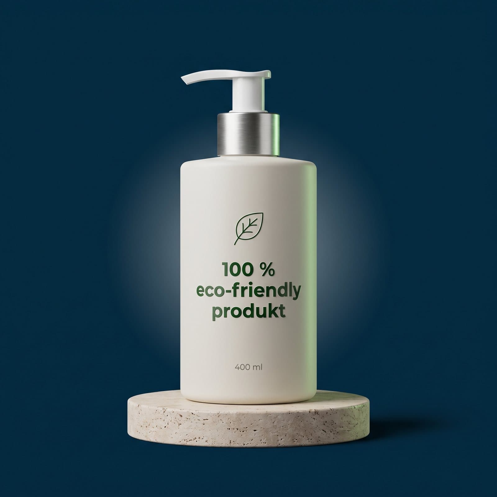 Kozmetická fľaša s nápisom 100 % eco-friendly produkt na tmavomodrom pozadí